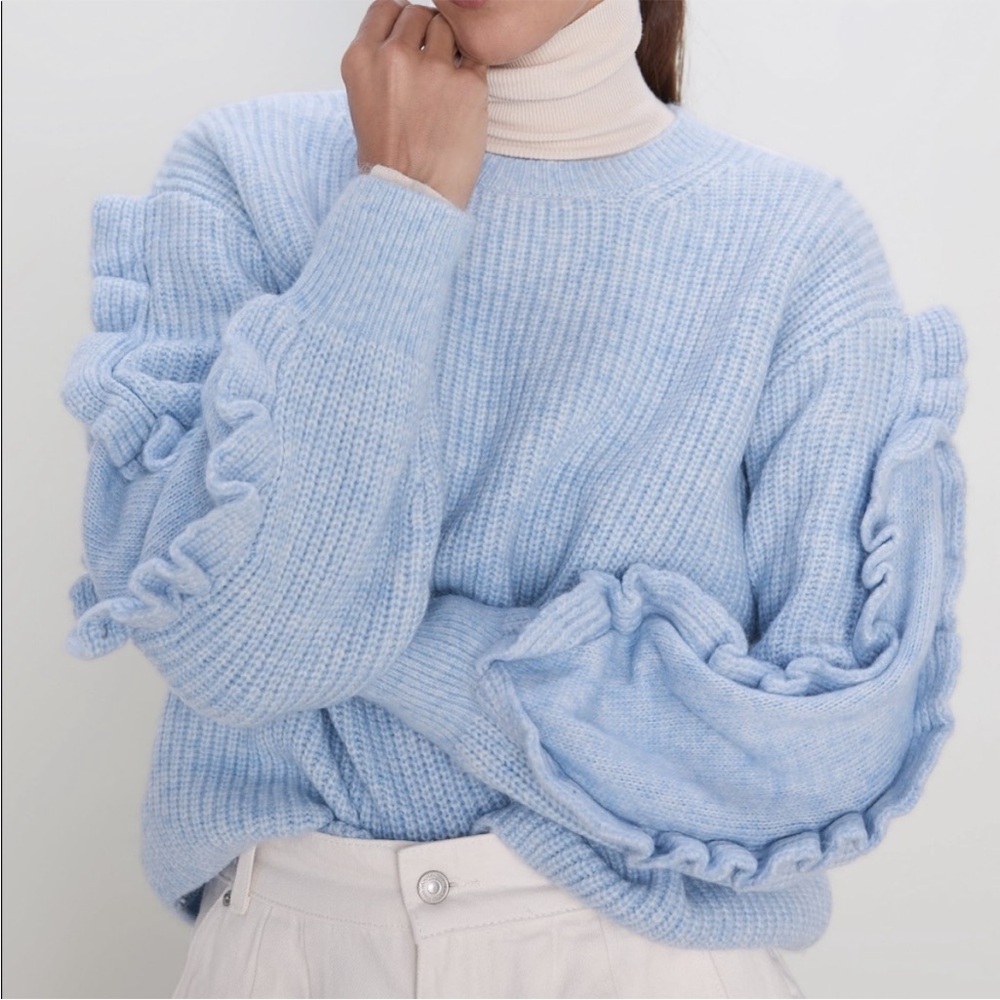 Zara Light Blue Ruffled Women's Sweater